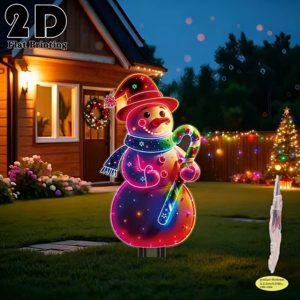 2D Festive Holiday Christmas Neon Colored Snowman Garden Outdoor Stake